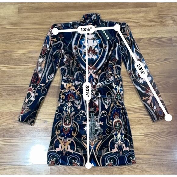 DUNDAS VELVET & LACE PAISLEY PRINT LONG SLEEVE MINI DRESS W FRONT BELT DETAIL 36 - Picture 9 of 13